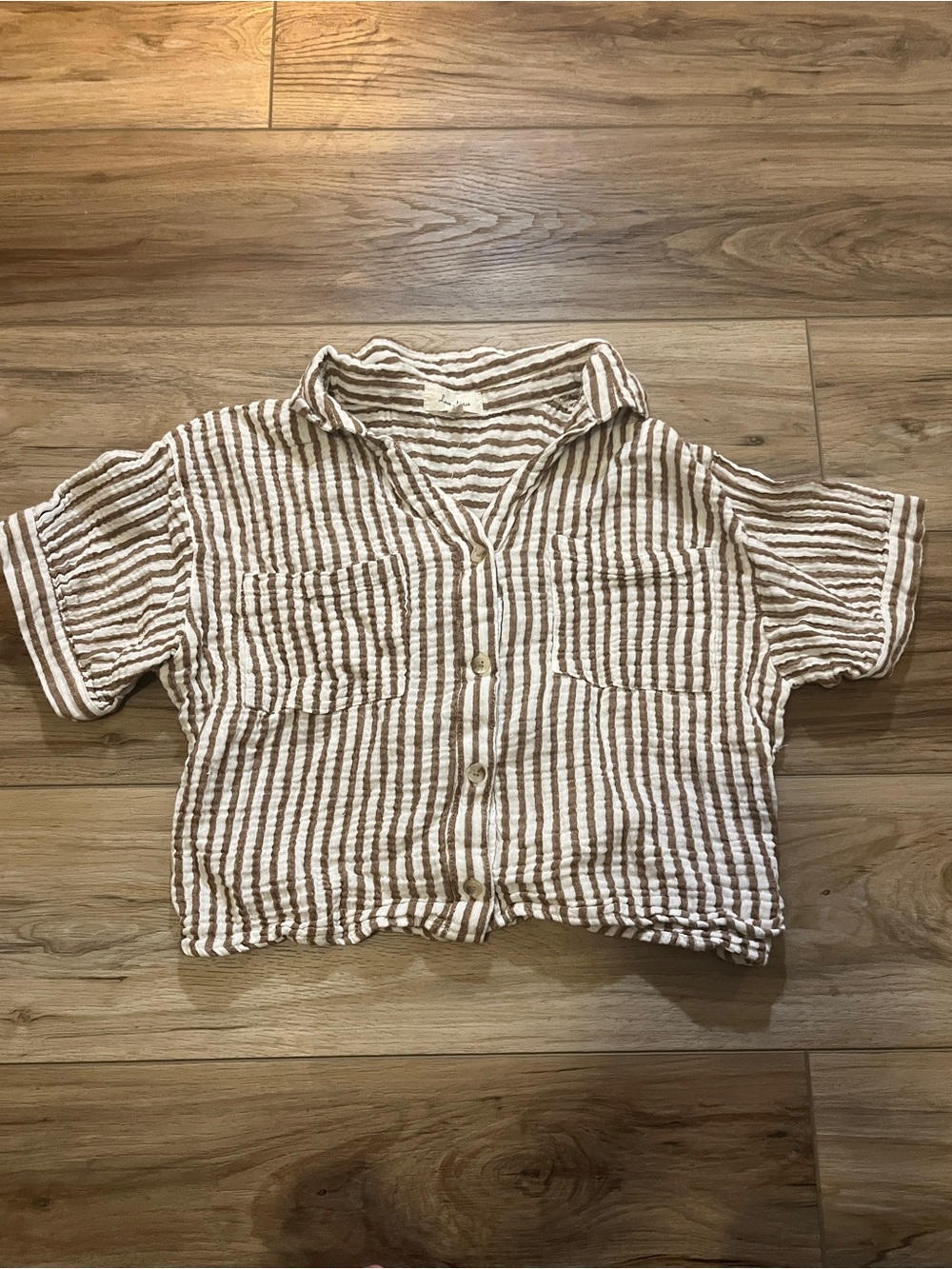 Striped Short-Sleeve Button Front Crop Top - Brown/White